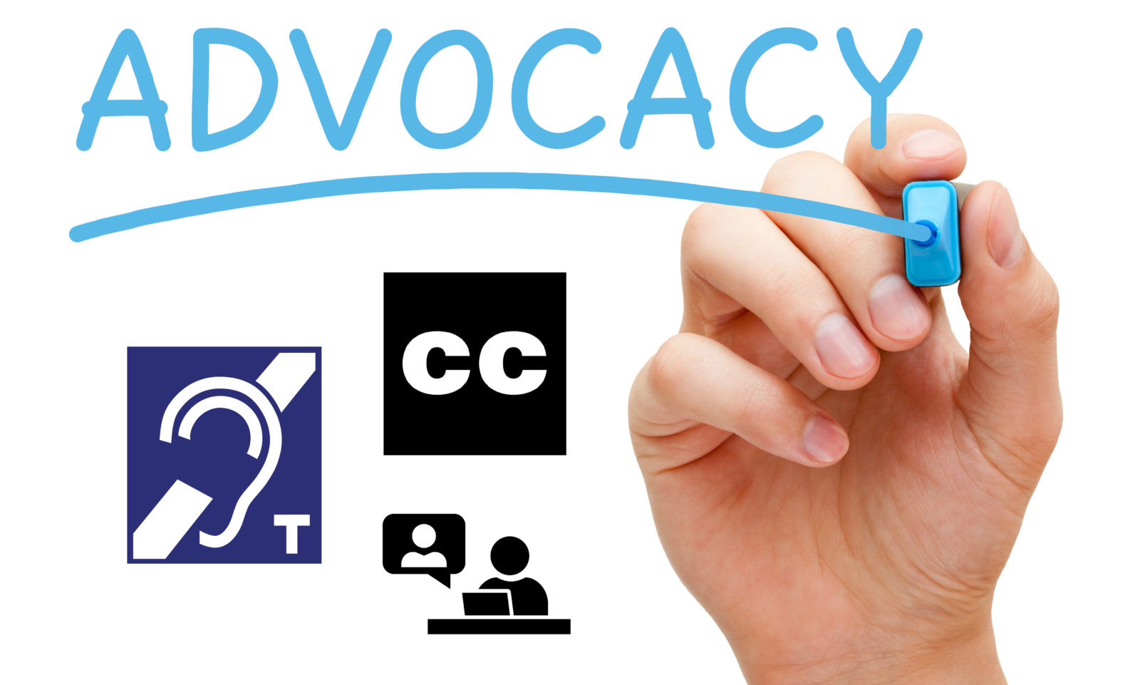 Hand writing Advocacy plus international symbols for assisted listening, closed captioning, and digital communications