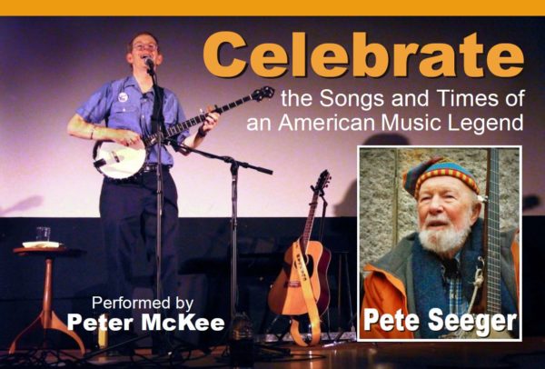 Photo of performer Peter McKee playing banjo with inset photo of musician Pete Seeger