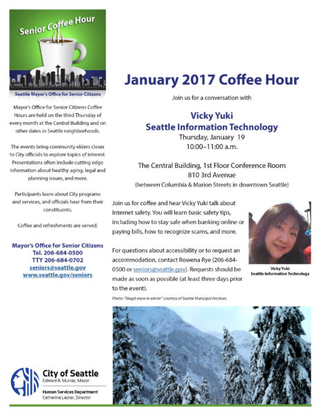 Flyer for January 19 coffee hour with Vicky Yuki, Seattle Information Technology.