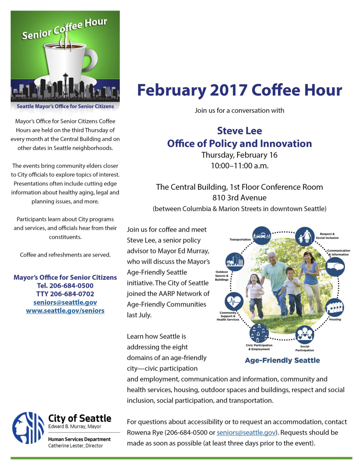 Image of Senior Coffee Hour flyer for Thursday, February 16, presentation by Steve Lee about Age-Friendly Seattle.