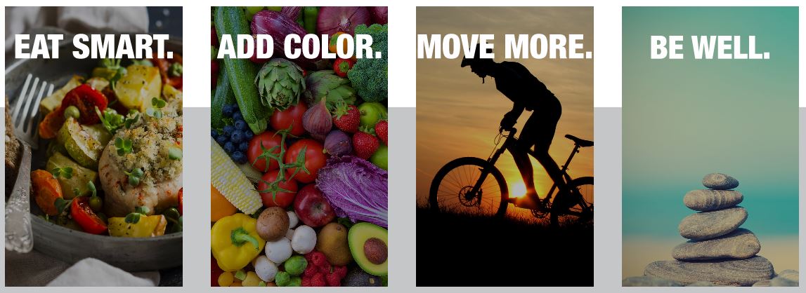 Four food and activity photos are labelled Eat Smart, Add Color, Move More, and Be Well.