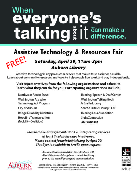 Information about Assistive Technology and Resources Fair at Auburn Library on Saturday, April 29, 2017