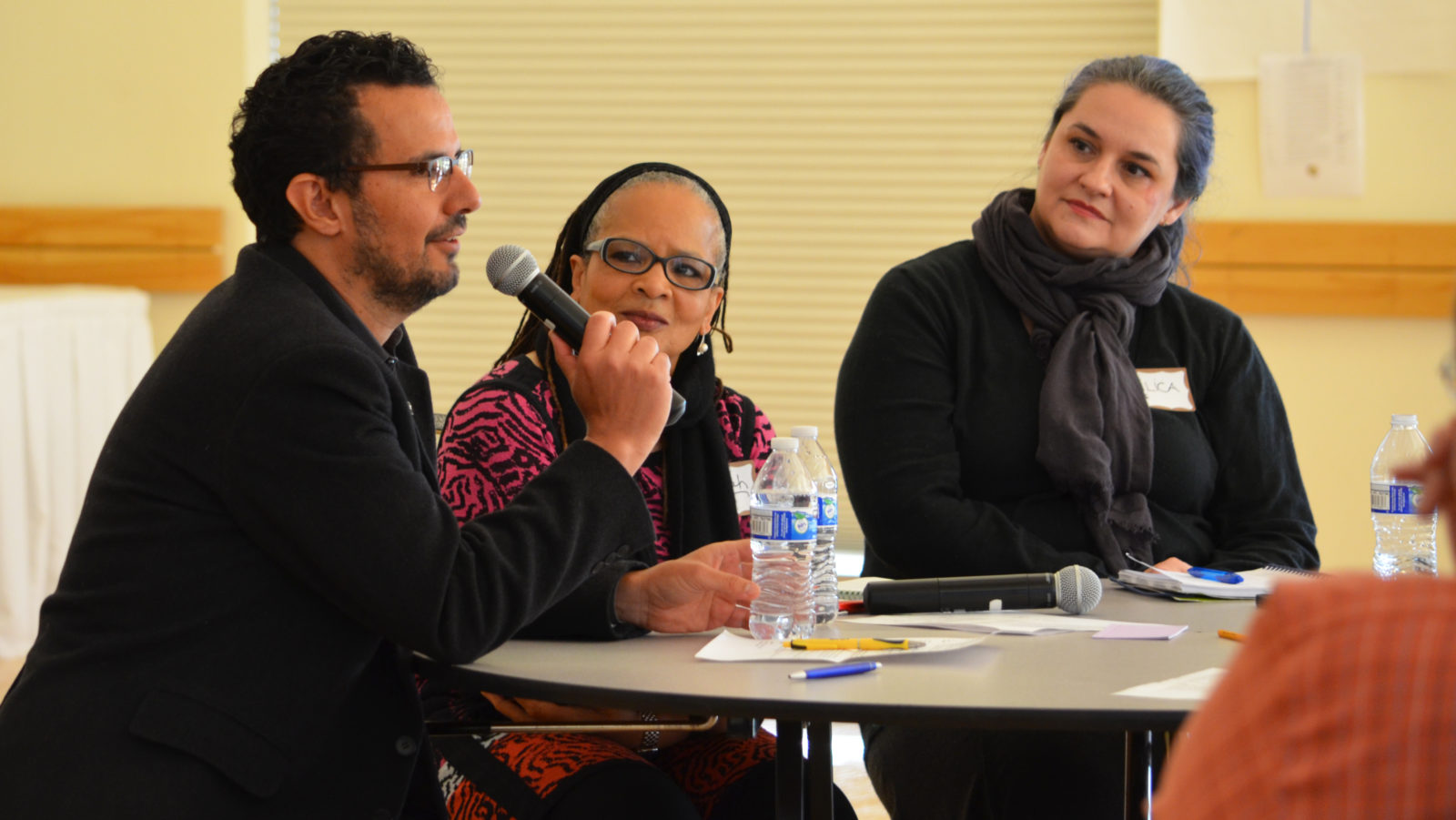 photo of a Race and Social Justice panel comprising Matias Valenzuela, director of the King County Office of Equity and Social Justice (left), Deborah Terry-Hayes, a well-known local educator and community organization leader (center), and Milica Veselinovic (right).
