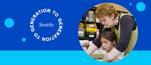 Generation to Generation Seattle logo and photo of an older woman helping a young child.