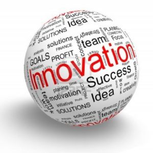 graphic image of white ball with words pasted all over it, including the word Innovation in large letters