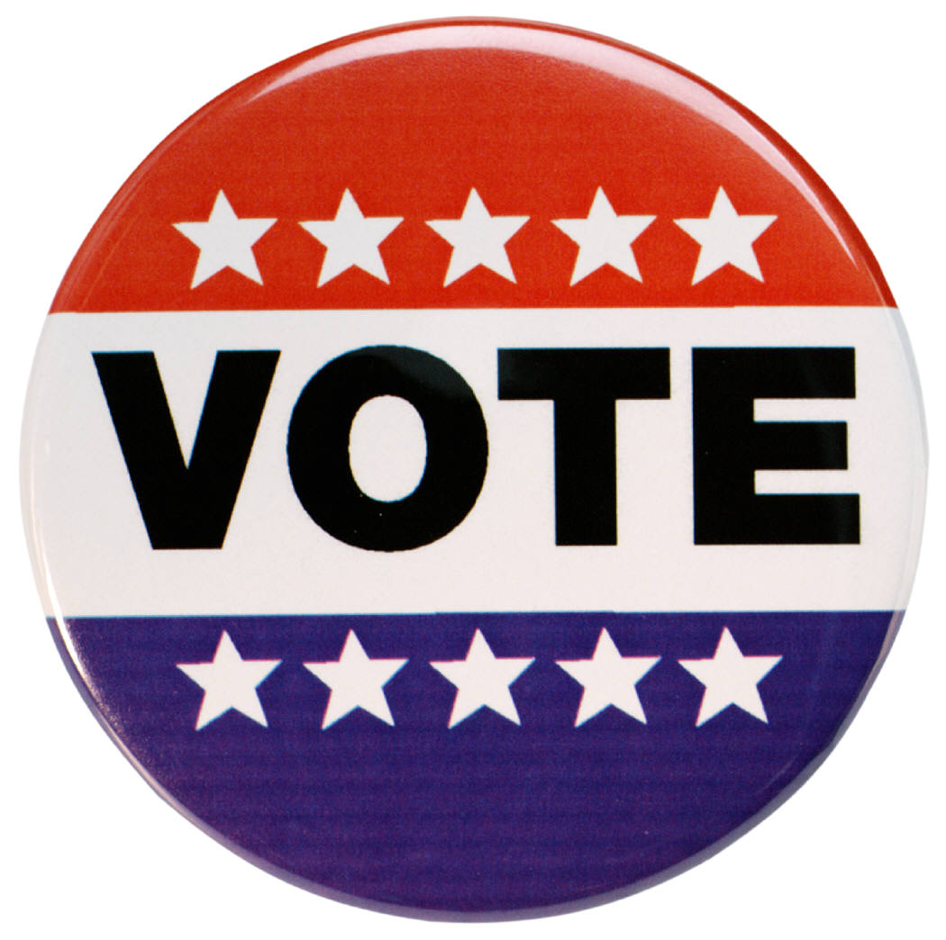 image of red, white and blue lapel pin says VOTE in large letters
