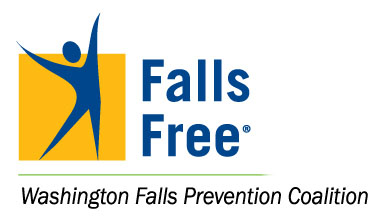Falls Free logo. Yellow square with blue person stick figure with hands in air. Caption below states Washington Falls Prevention Coalition