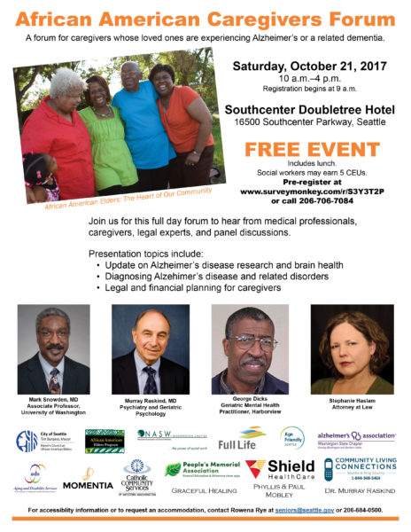 Flyer image for the free African American Caregivers Forum on October 21, 2017 at the Southcenter Doubletree Hotel. For more information, e-mail seniors at seattle dot gov or call 206-684-0500.