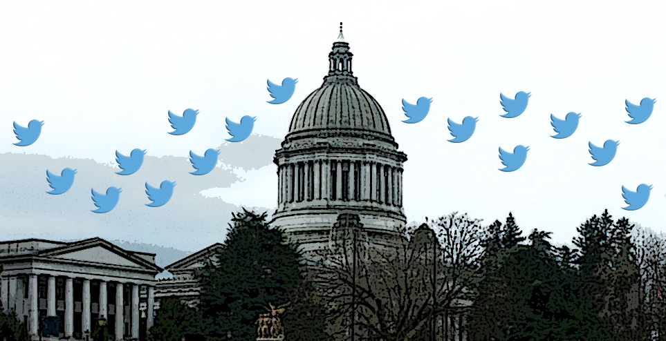 Picture of Washington state capitol building with Twitter blue birds flying around over it.