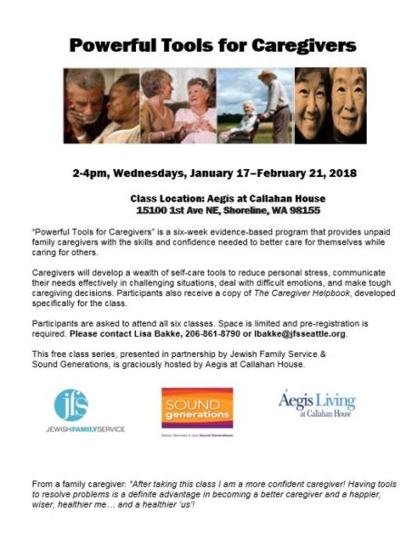 Flyer for Powerful Tools for Caregivers class at Aegis at Callahan House in January 2018