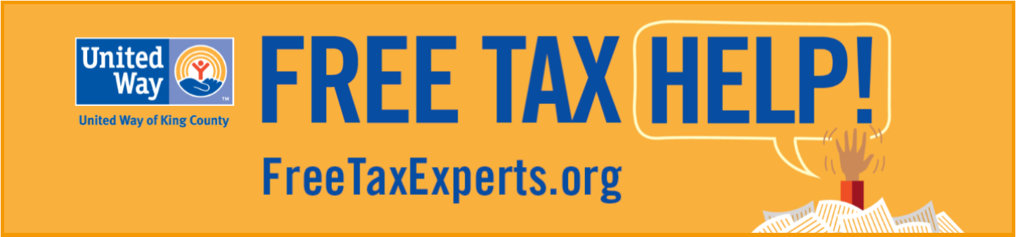 Banner graphic with orange background with royal blue letter that says, Tax Free Help. United Way of King County logo included.