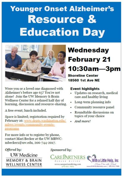 Image of event flyer. Information is repeated in this calendar posting. The flyer includes a photo of four mature adults have a conversation in a classroom setting.