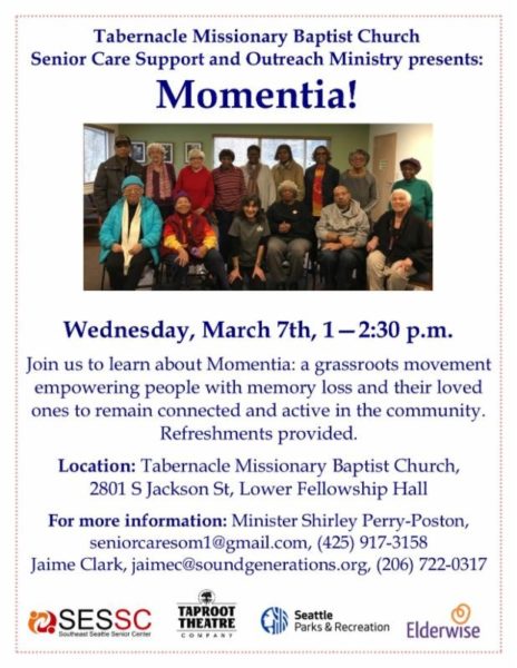 Flyer image for Momentia presentation at Tabernacle Missionary Baptist Church on Wednesday, March 7, 2018 at 1 p.m.
