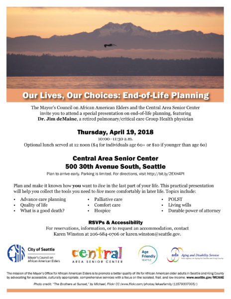 Image of flyer for Our Lives, Our Choices end-of-life planning presentation. All information is included in the calendar listing.
