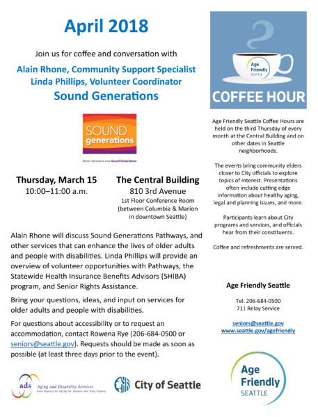 Image of the April 2018 coffee hour flyer. All the information is included in the calendar listing.