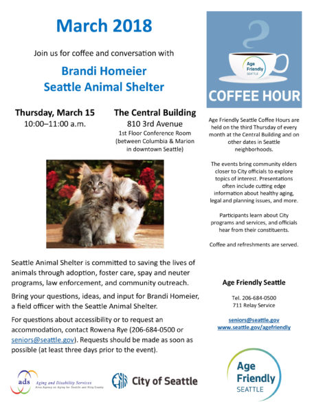 Image of the March 2018 coffee hour flyer. All the information is included on the calendar page.