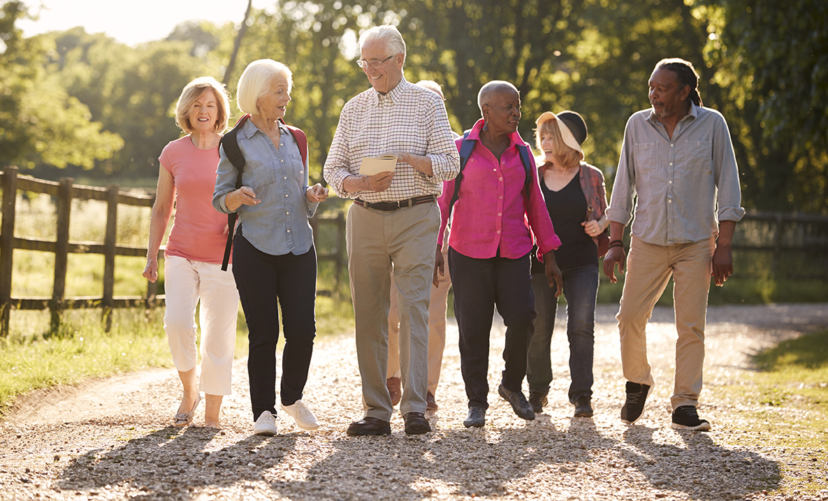 Image shows a group of older adults on a walk in the countryside on a sunny day.