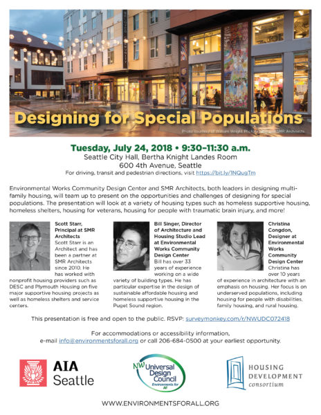 Flyer image for Designing for Special Populations forum on July 24, 2018. 