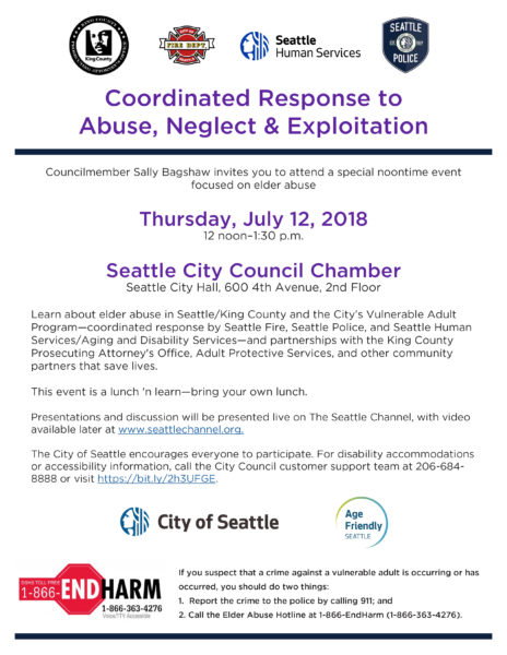 flyer for July 12 2018 lunch and learn on elder abuse at the Seattle City Council Chamber, Seattle City Hall