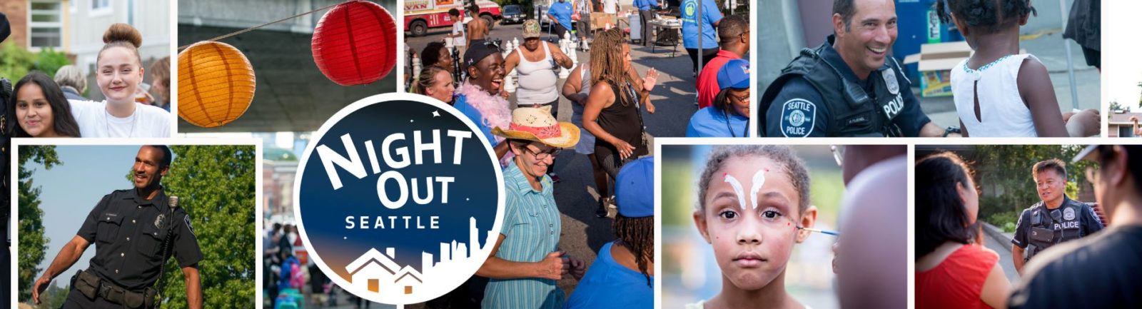 collection of community gathering photos that appear on the top of the Seattle Night Out webpage on the Seattle Police Department website