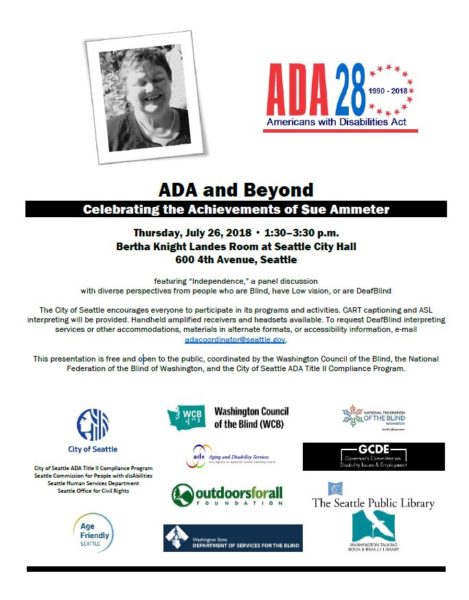 Image of flyer promoting the ADA and Beyond celebration of life of Sue Ammeter.