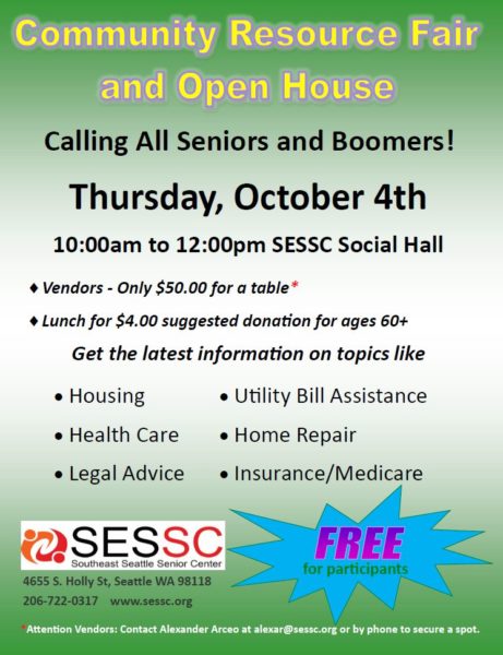 image of flyer for South East Seattle Senior Center resource fair on October 4, 2018. For more information, call 206-722-0317.