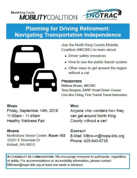Flyer for a workshop on September 14, 2018 on navigating King County without driving. All information is in this calendar listing.