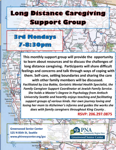 Flyer for Long Distance Caregiving Support Group - all information in the flyer is included in text in this calendar listing.