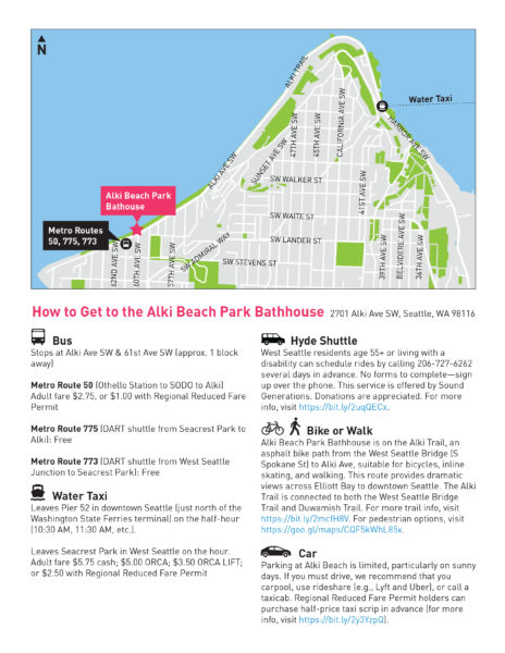 flyer with transit options for an event at the Alki Beach Bath House