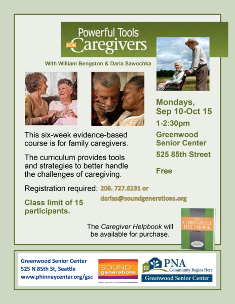 Flyer for Powerful Tools for Caregivers class includes all information on this calendar page plus a photo of a shed near a river and a photo of facilitator Rebecca Crichton.