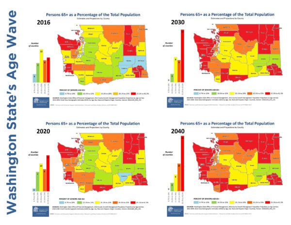 The Age Wave in Washington State is illustrated by four maps--2016, 2020, 2030, and 2040.