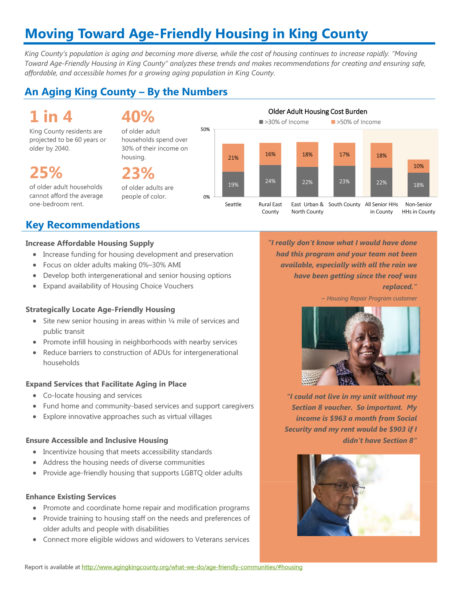 Image of a one-page flyer summarizing recommendations from a longer report, posted at http://www.agingkingcounty.org/wp-content/uploads/sites/185/2018/02/MovingTowardAgeFriendlyHousingInKingCounty.pdf