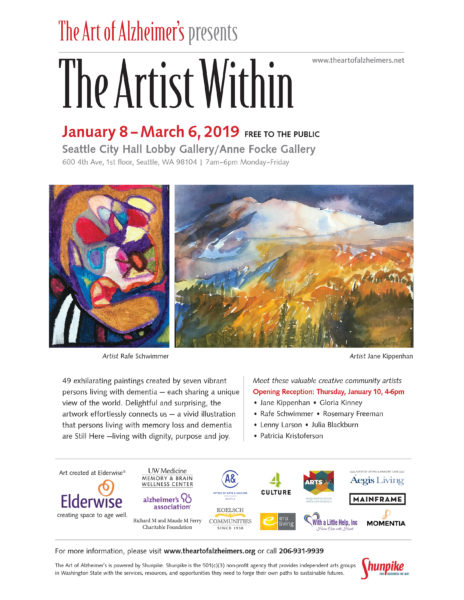 Flyer for The Artist Within, a special exhibit of paintings by individuals with dementia, coordinated by The Art of Alzheimer's at Seattle City Hall in January 2019.