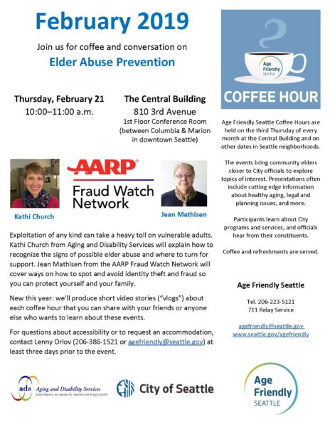 image of flyer for Age Friendly Seattle coffee hour on Thursday, January 17, 2019 at 10 a.m. in the Central Building at 810 3rd Avenue. Kathi Church (ADS) and Jean Mathisen (AARP-WA) are the featured speakers.