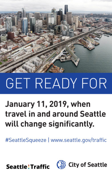 Image of page 1 of a 2-page PDF about the Seattle Squeeze, a period of tough traffic that begins on January 11, 2019.