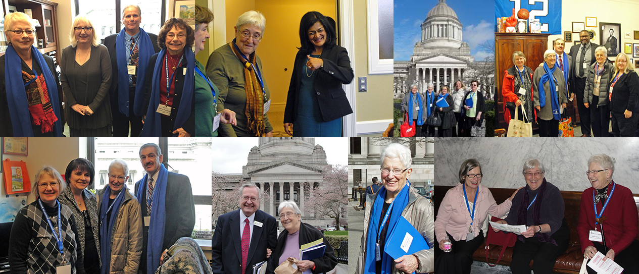 Collage of photos showing senior advocates talking with legislators in Olympia