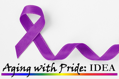 Violet ribbon on white background with the logo for Aging with Pride: IDEA, in rainbow colors, below.