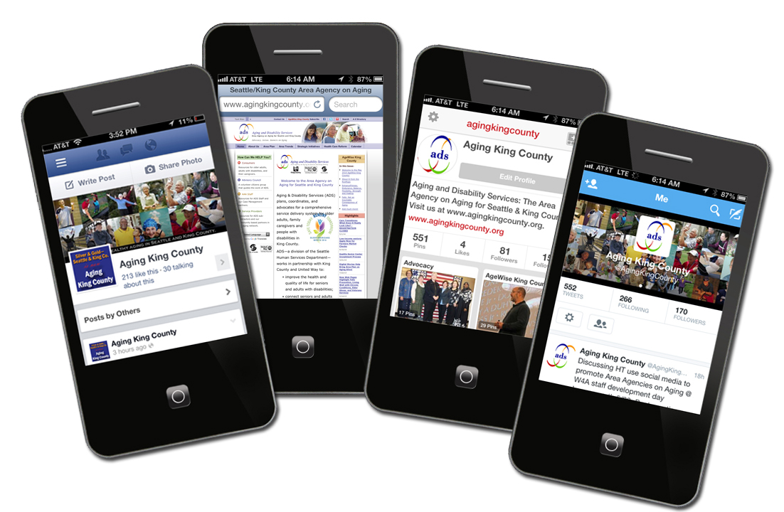 four black mobile phones each showing a different Aging King County social media site