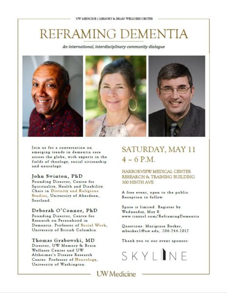 flyer for event called Reframing Dementia on May 11, 2019 coordinated by the UW Memory and Brain Wellness Center