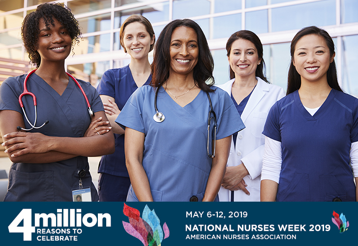 Natlonal Nurses Week 2019 logo and photo of five smiling nurses