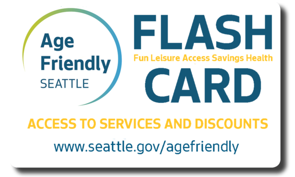 image of the Age Friendly Seattle FLASH Card - access to services and discounts - seattle.gov/agefriendly