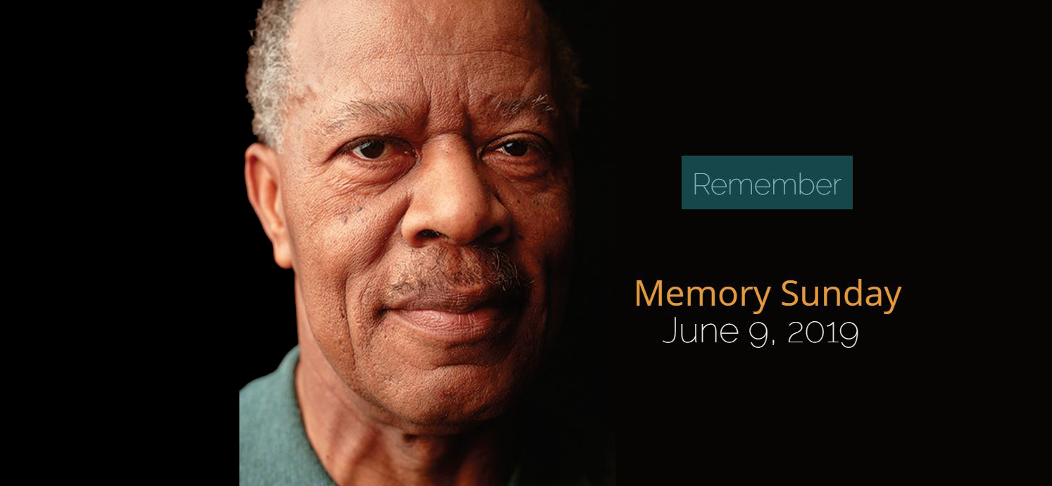 Photo of an older African American man's face, highlighted before a black screen background with text promoting Memory Sunday