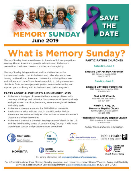 Image of flyer listing Memory Sabbath and Memory Sunday participating congregations in Seattle