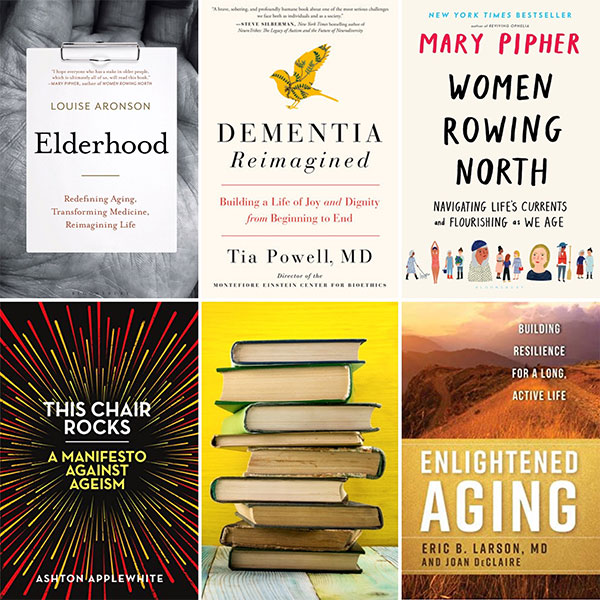 Collage of six book covers, each with a title that reflects aging issues