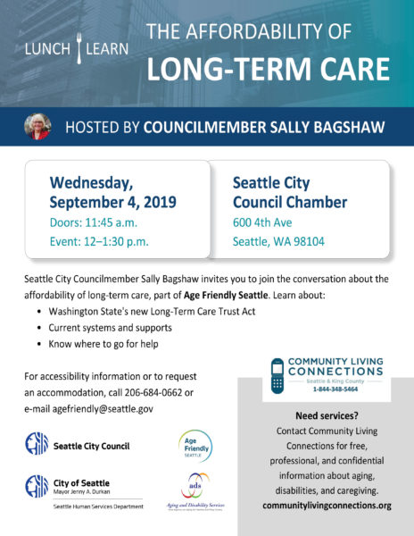 flyer for "The Affordability of Long-Term Care," a lunch-and-learn hosted by Seattle City Councilmember Sally Bagshaw on Wednesday, September 4, 2019 in the Seattle City Council Chamber