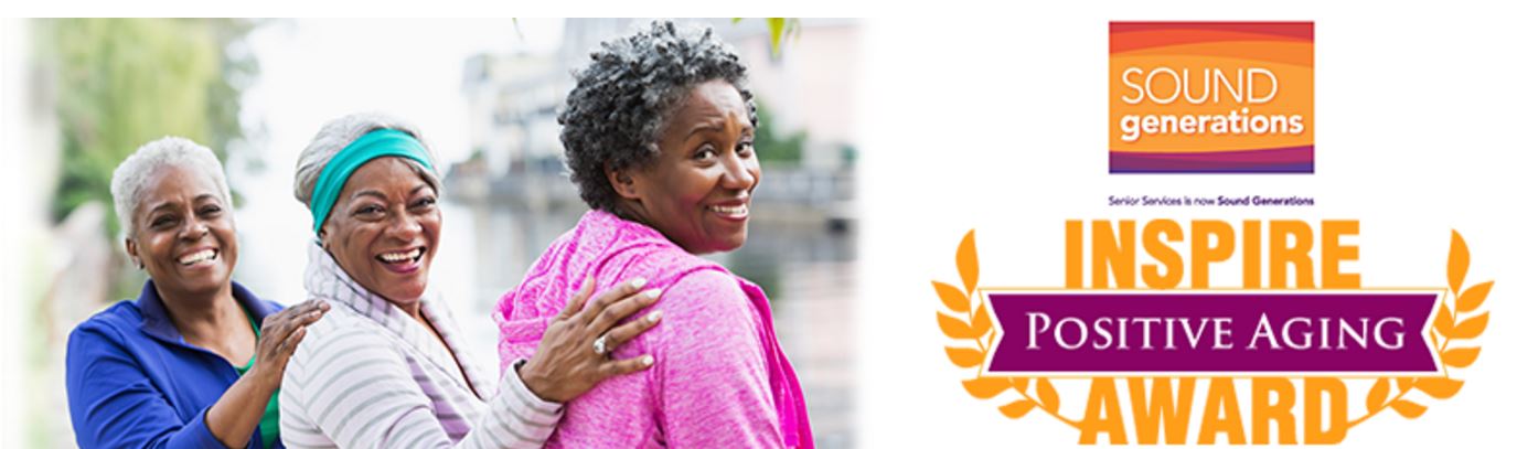 image of three smiling African American women and the logo for Sound Generations' Inspire Positive Aging award program