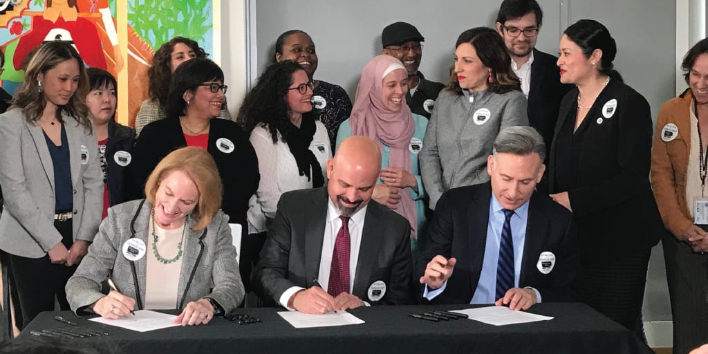 Photo shows Seattle Mayor Jenny Durkan, Seattle Foundation President and CEO Tony Mestres, and King County Executive Dow Constantine as they signed a partnership to fund Census outreach on April 1, 2019. Photo courtesy of the Seattle Department of Neighborhoods.