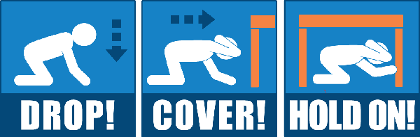 Images show Drop (drop to the floor), Cover (crawl under a table), and Hold (stay put until the shaking has stopped)