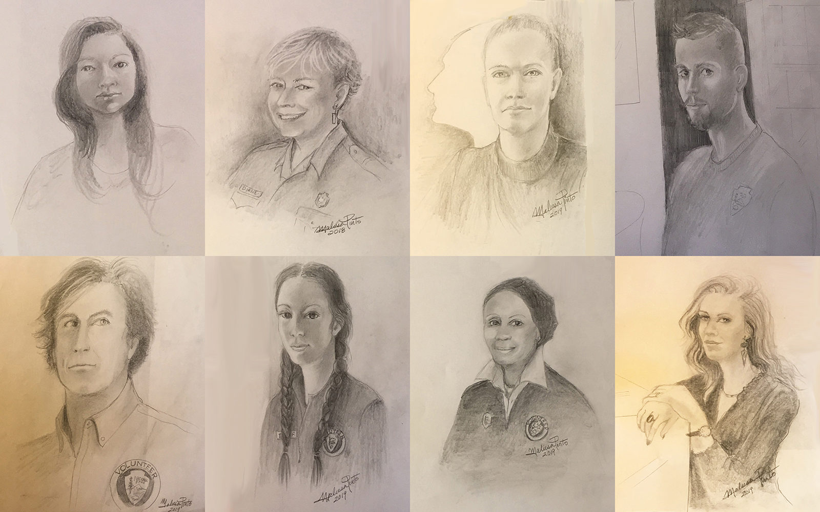 Eight portrait sketches by Maria Pinto