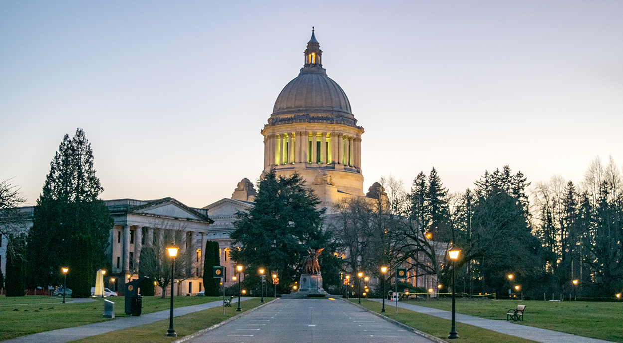 Washington's historic state capitol building in Olympia at dusk